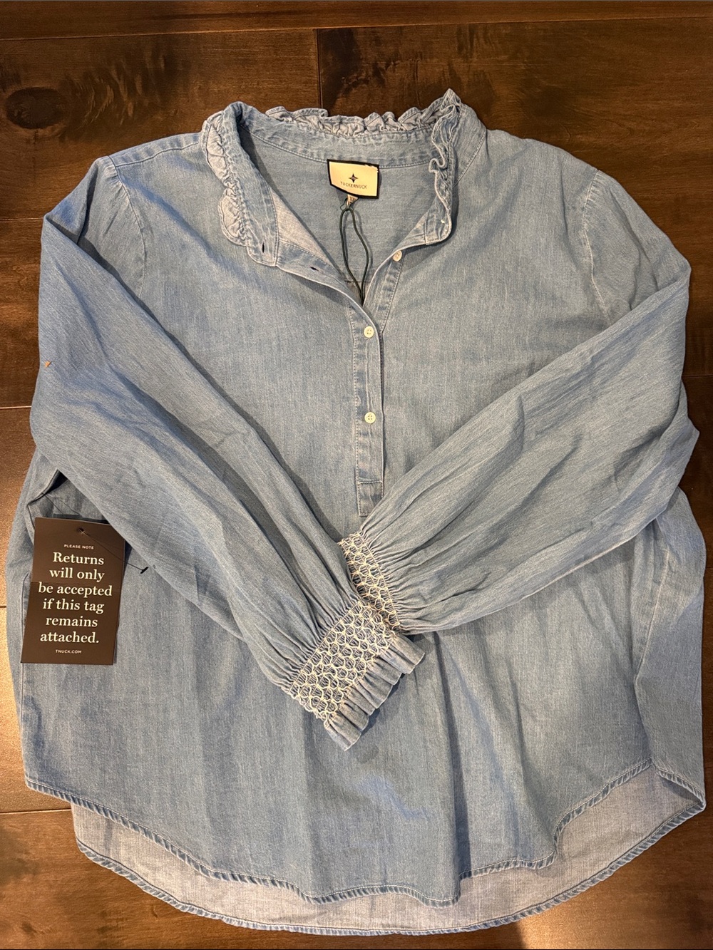 Tuckernuck Light Blue Denim Button-Front Smocked Cuff Top